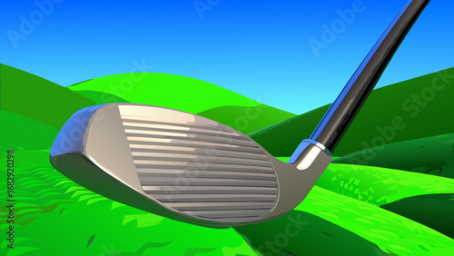 Golf club head on a lush green golf course under a blue sky