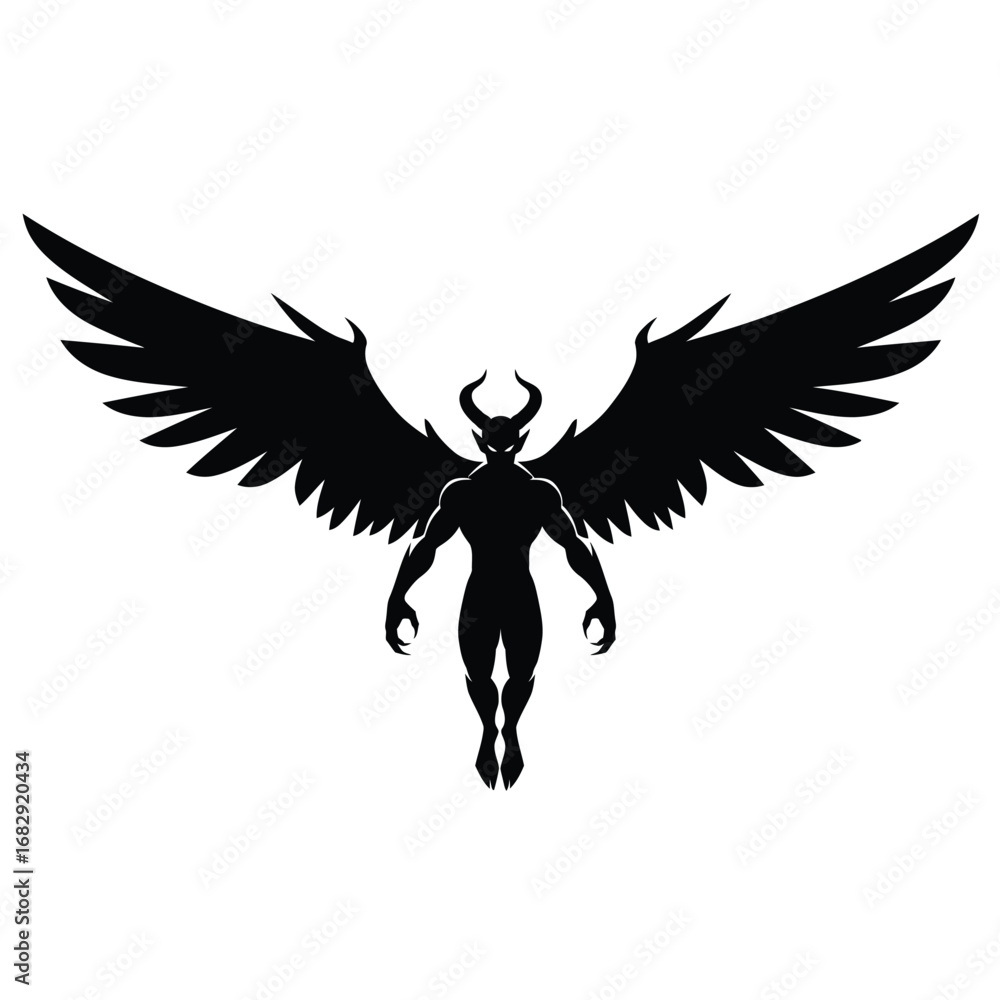 Obraz premium Black winged demon silhouette with horns devil creature