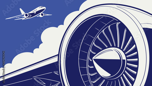 Airplane engine and jet in blue sky with clouds