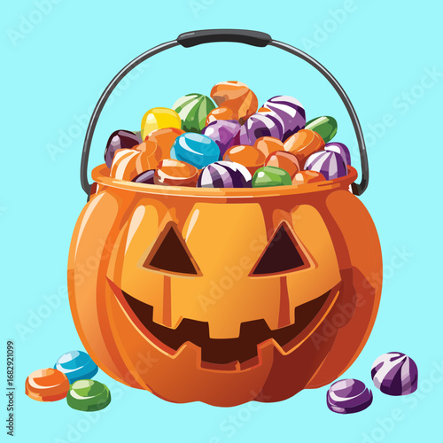 Jack-o'-lantern Pumpkin Bucket Overflowing with Assorted Candies Halloween Festival Vector Illustration