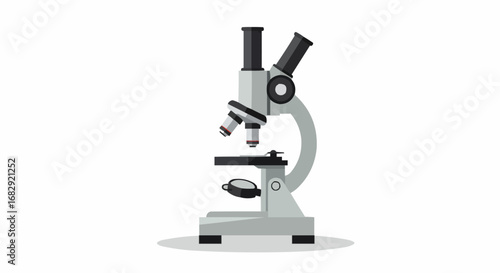 Modern laboratory microscope, used for scientific observation and research on an isolated white background.