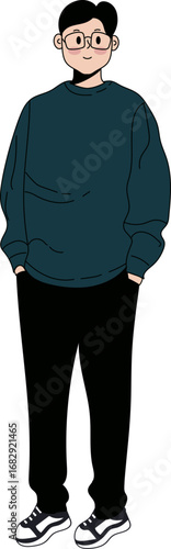 A young person with glasses stands with hands in pockets, wearing a teal sweater and black pants.