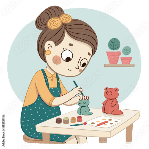 Cute girl painting small animal figurines at a table.