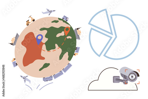 Globe with shipping routes, planes, cargo, and cranes pie chart representing data analytics and a cloud-connected surveillance camera. Ideal for global trade, supply chain, security, technology
