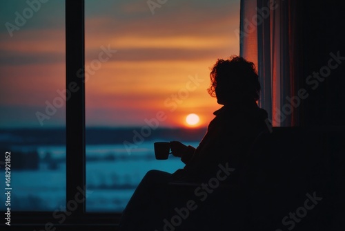 Silhouette of a person sitting by a large window, watching the sunset with a cup of tea, warm moody tones.