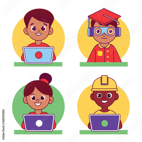 Vector illustration of Diverse children in different professions using laptops