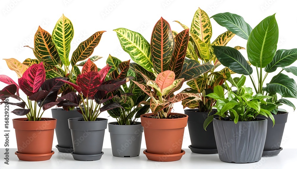 Obraz premium Various houseplants in terracotta and gray pots against a white background