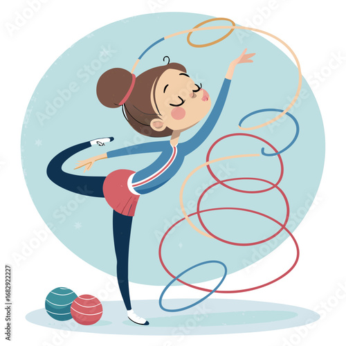 Graceful young girl performing rhythmic gymnastics with a ribbon.