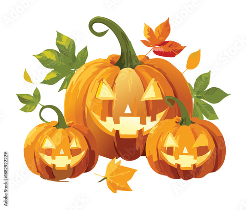 Group of Spooky Jack-o'-lantern Pumpkins with Warm Glow Halloween Decoration Vector Flat Illustration