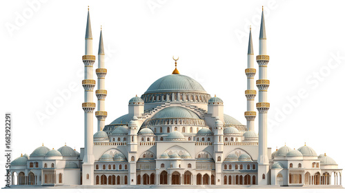 Magnificent mosque with minarets isolated on transparent background, a symbol of islamic faith