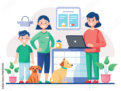Modern family engaged with technology and pets enjoying home life together