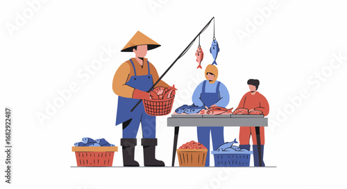 Two traditional fishermen selling fresh catch at an outdoor fish market on an isolated white background, showing a bustling local trade.