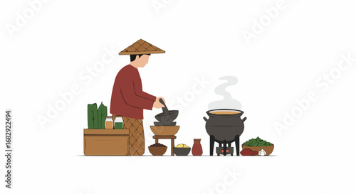 Man wearing a traditional conical hat cooking a meal with a large pot and various spices in a rustic kitchen setting on an isolated white background.