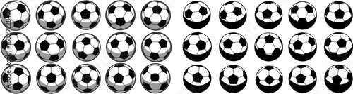 Set of sixteen monochrome soccer balls. Football or soccer related. Collection symbol of football
