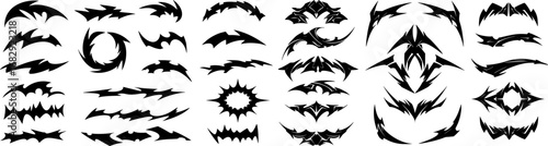Set of black Y2K style abstract graphic elements with sharp edges

