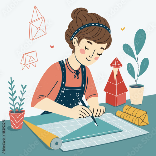 Illustration of a woman focused on her origami hobby at a desk.
