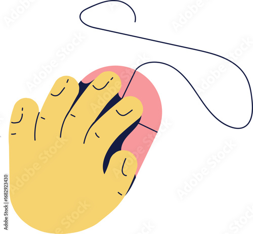 A yellow hand with pink fingernails clicks a pink computer mouse, connected by a black wire, against a white background.