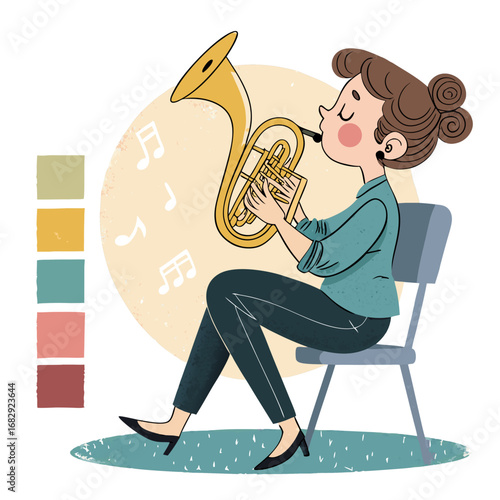 Illustration of a woman playing a brass horn instrument.