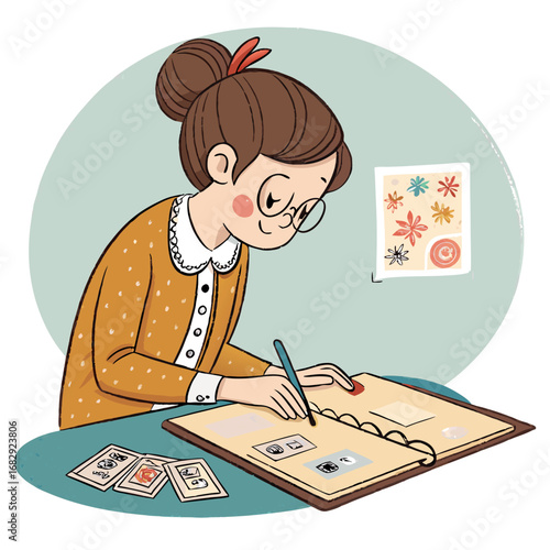 Illustration of a young woman creating a personal scrapbook.