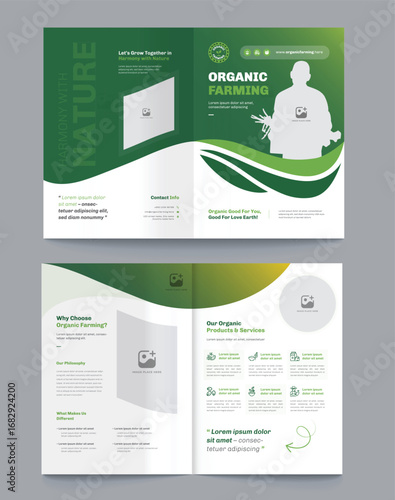 Organic Farming with Fresh Produce and Sustainable Practices in Green Brochure Design Clean