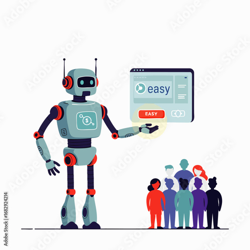 A friendly robot presents a user-friendly "easy" application interface to a diverse group of people, symbolizing simplified technology solutions.