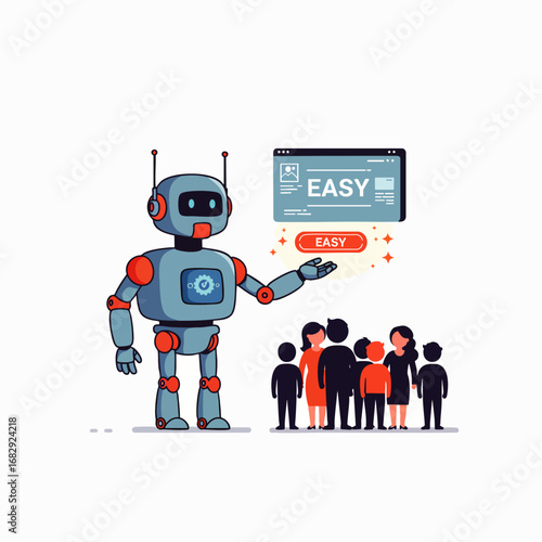 A friendly robot presents an easy-to-use digital solution to a diverse group of people, symbolizing accessible technology and simplified user experience.