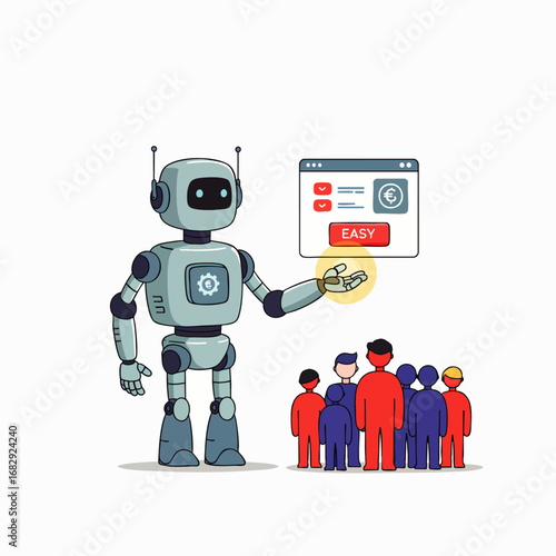 A friendly robot demonstrates an easy-to-use digital interface to a diverse group of people, symbolizing automation and user-centric technological solutions.
