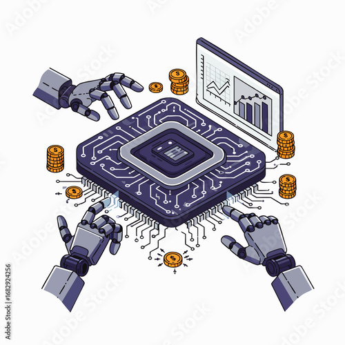 Advanced robotic hands manipulate a central microchip, integrating complex data analysis and financial growth within a futuristic digital ecosystem.