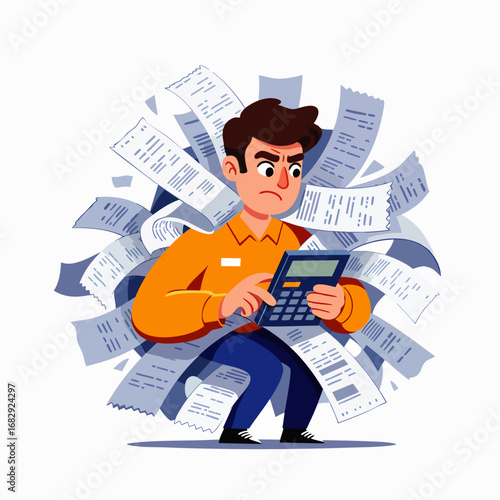 A frustrated man, surrounded by a chaotic pile of paper receipts, meticulously uses a calculator to manage overwhelming financial burdens and personal expenses.