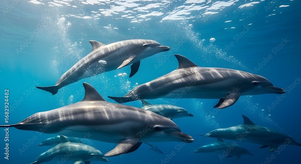 Obraz premium A pod of dolphins swims together in clear blue ocean waters, bubbles rising towards the surface.