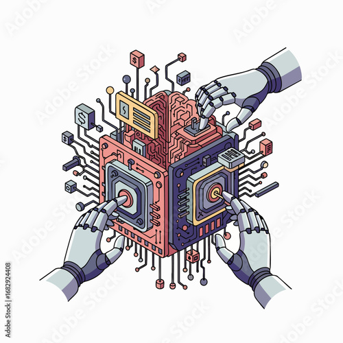 Robotic hands interact with a complex technological system, showcasing advanced artificial intelligence and automation.