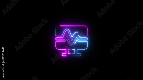 Neon Monitor Icon With Blue Pink Heartbeat Line screen