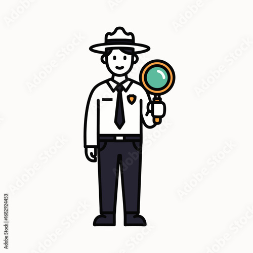 Friendly park ranger cartoon character holding a magnifying glass, ready for nature exploration and discovery.