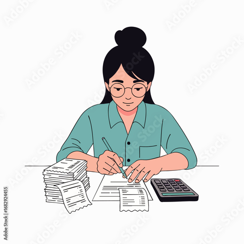 Focused young woman checks bills and paperwork at her desk, using a calculator to manage her finances.