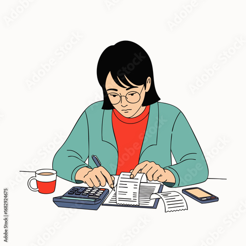 A diligent young woman meticulously reviews financial documents and receipts, using a calculator to manage her personal budget and expenses.