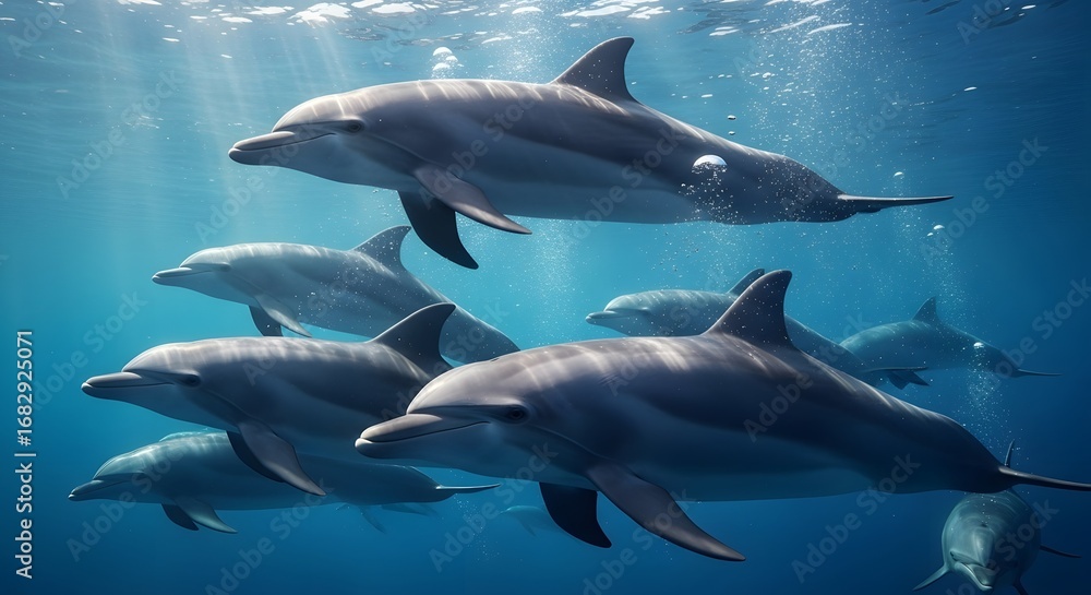 Naklejka premium A pod of bottlenose dolphins swimming gracefully underwater with sun rays filtering through the ocean surface.