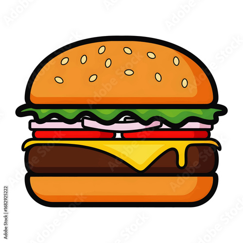 Cartoon illustration of a classic cheeseburger with lettuce, tomato, and onion.