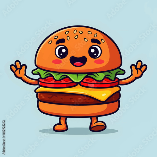 Cartoon illustration of a cute burger character with arms and legs.
