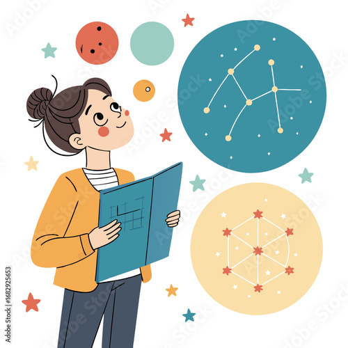 Young female astronomer studying constellations and planets.
