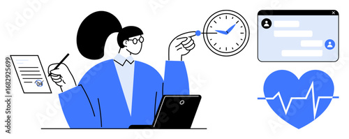 Woman organizing tasks with documents, clock, messaging interface, heart health monitor, and a laptop. Ideal for productivity, time management, communication, remote work health tracking