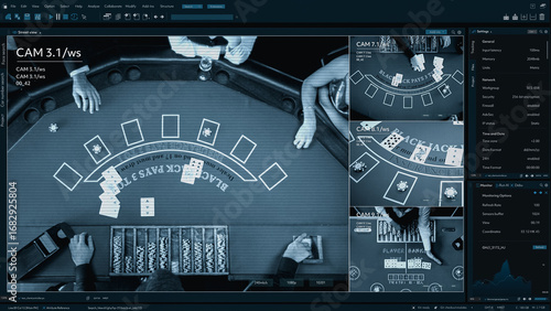CCTV Security Displays Multiple Casino Tables. Screens Show Roulette Wheel, Blackjack Layout, and Poker Games. People Placing Bets and Dealing Cards. Surveillance Software Template Split Screen