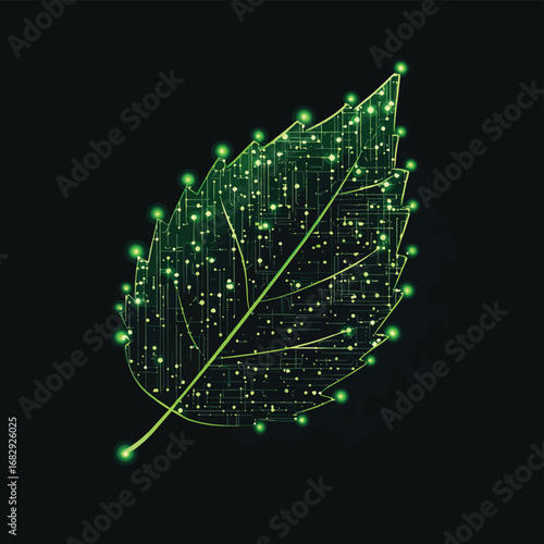 Single digital leaf concept symbolizing sustainable technology and green energy innovation , vector style simple color