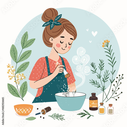Young woman creating natural cosmetics with herbs and essential oils.
