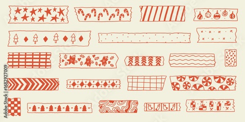 Red Christmas Tape Washi Whimsical Sticker Set. Stripe Note Scotch Xmas Border. Hand Drawn Vector Illustration