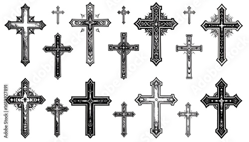 Various ornate black and white crosses