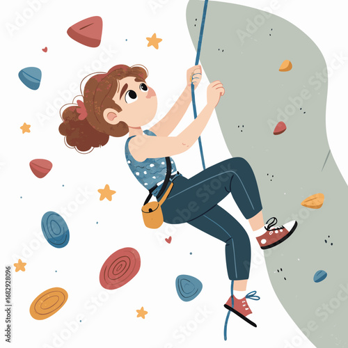 Young woman rock climbing on an indoor wall illustration.
