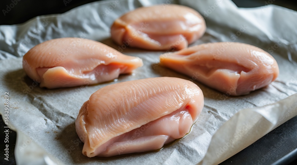Obraz premium Raw Chicken Breasts on a Baking Sheet with Parchment