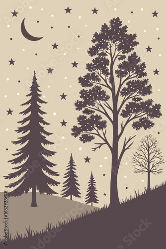 Nighttime Silent Forest Scene with Moon