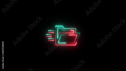Red and cyan neon folder icon with data transfer document