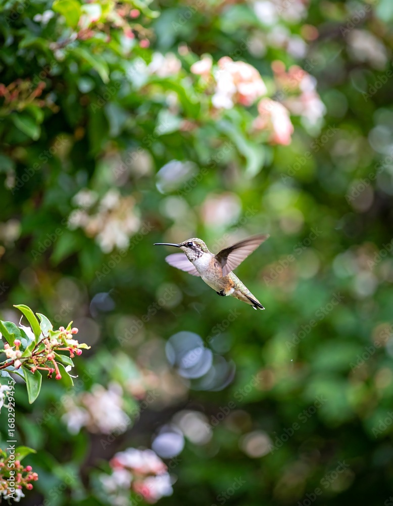 Fototapeta premium Hummingbird in flight amidst blossoms
